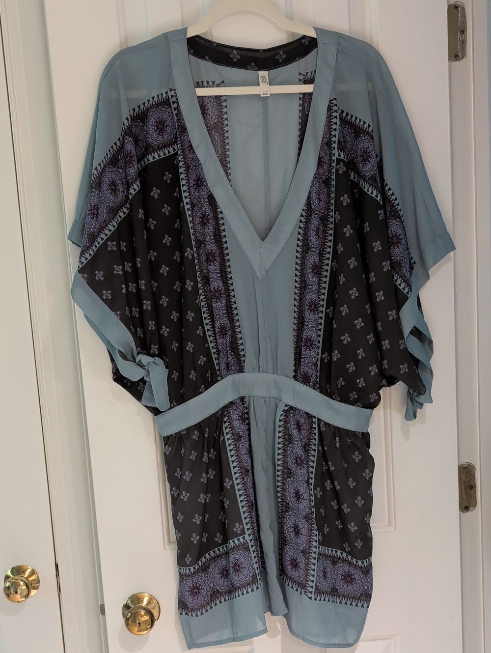 Boho V-Neck Kimono Dress in Dusty Blue and Black